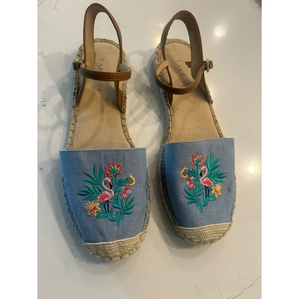 Talbots Espadrille Sandals Blue Flamingo Embroidered Ankle Strap Summer Flats 8M